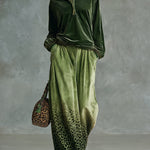 Trendy Retro Sporty Green Velvet Top And Leopard Print Wide-leg Pants Set