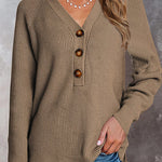 Half Button Raglan Sleeve V Neck Sweater