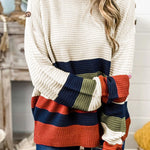 Colorblock Striped Button Drop Shoulder Pullover Sweater