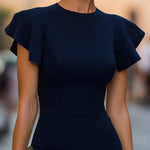 Elegant Navy Blue Flutter-Sleeve Sheath Dress With Tailored Waist