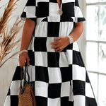 Loose Short Sleeves Contrast Color Plaid Pleated V-Neck Midi Dresses Shirt Dress
