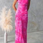 Asymmetric Shoulder Ruched Waist Floral Print Maxi Dress