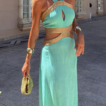 Tie Bow Backless Cut Out Color Block Maxi Dress