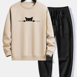 Black Cat Print Relax Fit Sweatshirt & Jogging Pants