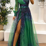 Margovil One Shoulder Long Sleeve High Waist Printed Mesh Slit Maxi Dress