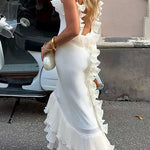 Margovil Spaghetti Strap Open Back Ruffle Trim Maxi Dress