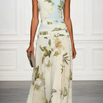 Margovil Boat Neck Sleeveless Floral Print Flowy Maxi Dress