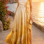 Mockneck Sleeveless Floral Print Ruffle Slit Maxi Dress