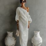 Women's Ivory White Cotton-Linen Blend One-Shoulder Flowing Elegant Dress
