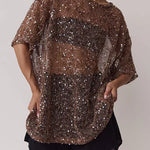 Round Neck Half Sleeves Crochet Hollow Out Sequin Top
