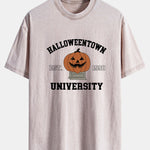 Halloween Pumpkin Town Print Washed Distressed Drop Shoulder T-Shirt