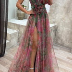Margovil One Shoulder Waisted High Slit Mesh Overlay Printed Maxi Dress