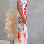Asymmetrical Shoulder Ruched Floral Print Maxi Dress