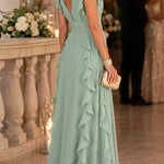 Margovil V Neck High Waist Solid Ruffle Maxi Dress