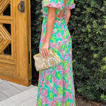 V Neck Puff Sleeves Tie Back Floral Print Maxi Dress