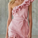 Ruffle One Shoulder Tie Waist Mini Dress