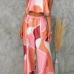 Strapless Ruffle Crop Top Drawstring Waist Wide Leg Pants Printed Set