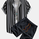 Striped Button Up Stand Collar Shirt & Man Mid Length Drawstring Swim Shorts