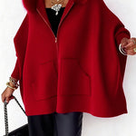 Margovil Dolman Sleeves Zipper Up Pocketed Jacket with Faux Fur Hood
