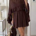 Chic High Neck Sheer Ruffle Hem Cape Mini Dress