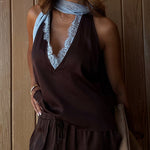 Sleeveless V Neck Lace Trim Satin Scarf Top