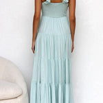 Margovil V Neck Ruffle Trim Tiered Sleeveless Linen Maxi Dress