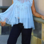 Solid Mockneck Tulle Cover Up Top with Crop Lace Camisole