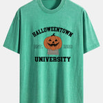 Halloween Pumpkin Town Print Washed Distressed Drop Shoulder T-Shirt