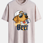 Beer Dog Print Washed Distressed Drop Shoulder T-Shirt