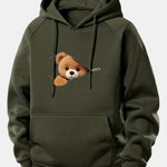 Zipper Bear Print Drawstring Hoodie