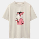 Pink Panther Drinking Coffee Print Drop Shoulder Oversize T-Shirt