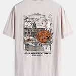 Halloween Pumpkin Town Print Washed Distressed Drop Shoulder T-Shirt