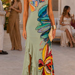 One Shoulder Sleeveless Floral Print Ruffle Hem Maxi Dress
