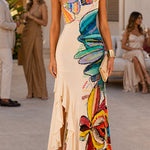 One Shoulder Sleeveless Floral Print Ruffle Slit Maxi Dress
