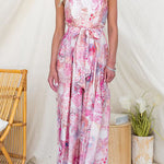 Strapless Floral Print Tie Waist Split Wide Leg Jumpsuit