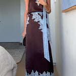 Chic Sleeveless V Neck Lace Trim Satin Top