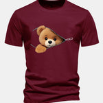 Regular Fit Zipper Bear Print Cotton T-Shirt
