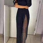 Margovil Stylish One Shoulder Slit Long Sleeve Mesh Splice Wide Leg Jumpsuit