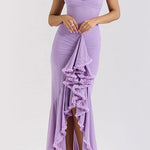 Margovil Spaghetti Strap Frill Trim Draped Slit Maxi Dress