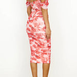 Off Shoulder Ruched Floral Midi Bodycon Dress