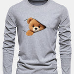 Long Sleeve Zipper Bear Print Cotton T-Shirt
