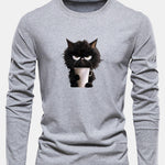 Long Sleeve Black Cat Drinking Coffee Print Cotton T-Shirt
