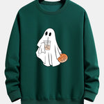 Halloween Ghost Drinking Coffee Pumpkin Print Relax Fit Sweatshirt