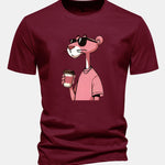 Regular Fit Pink Panther Drinking Coffee Print Cotton T-Shirt