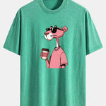 Pink Panther Drinking Coffee Print Washed Distressed Drop Shoulder T-Shirt