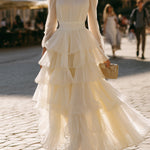 Tiered Ruffle Long Sleeve Pleated Maxi Dress