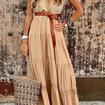 High waist V-neck splicing elegant mid-length dress dress
