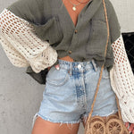 CHARCOAL GREEN CROCHET SLEEVE BUTTON UP