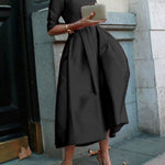 A-Line Loose Pleated Pockets Solid Color Split-Joint Round-Neck Midi Dresses