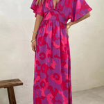Rose Abstract Floral Print V Neck Dolman Maxi Dress